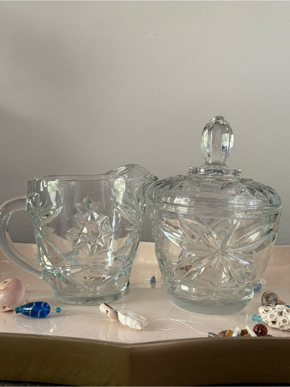 Vintage Anchor Hocking Star of David Cut Glass Sugar Bowl with Lid and Creamer